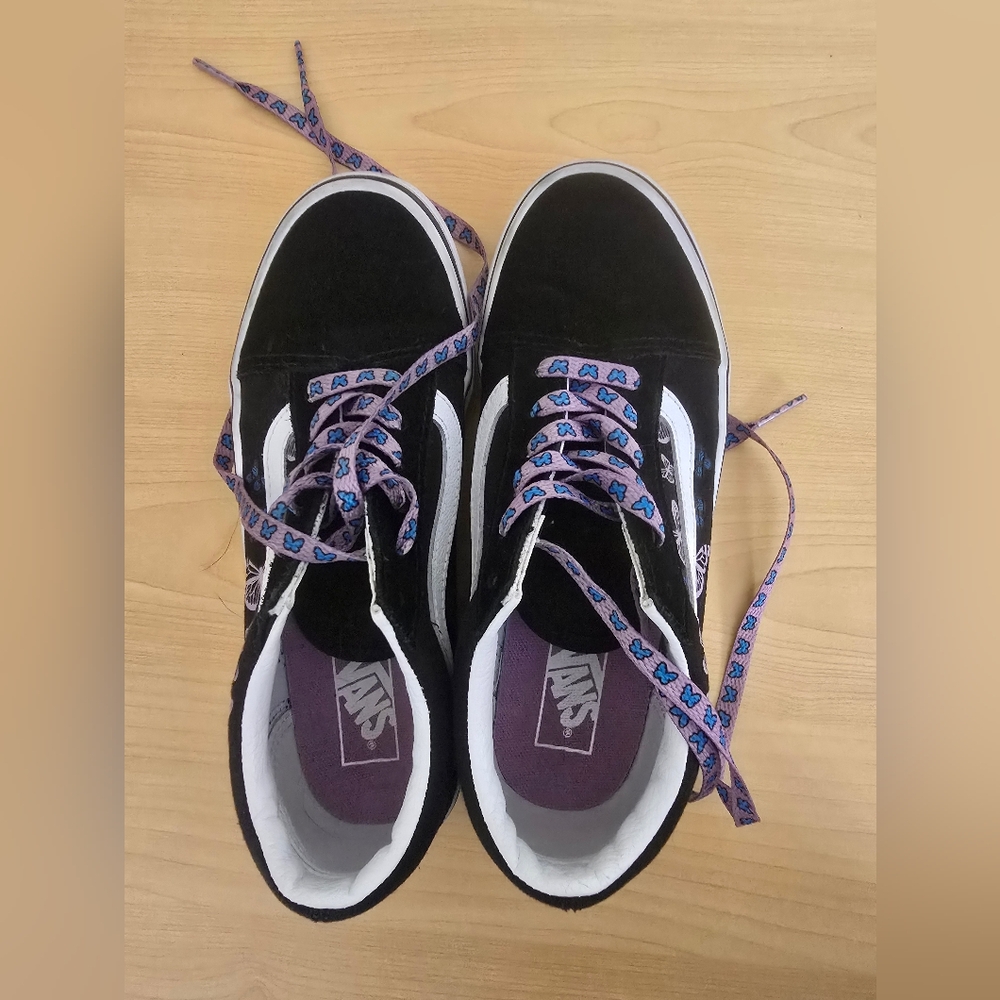 Vans Black and White Shoes with Purple/Blue Butterfly Design